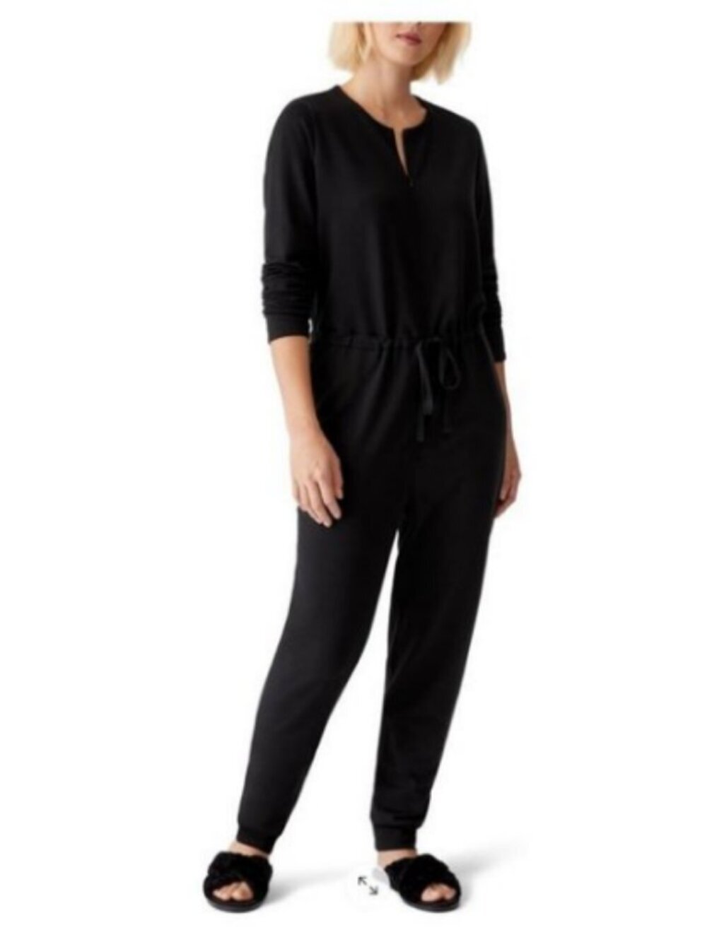 Eileen Fisher Cozy Knit Zip Front Drawstring Waist Black Jogger Jumpsuit Size XS